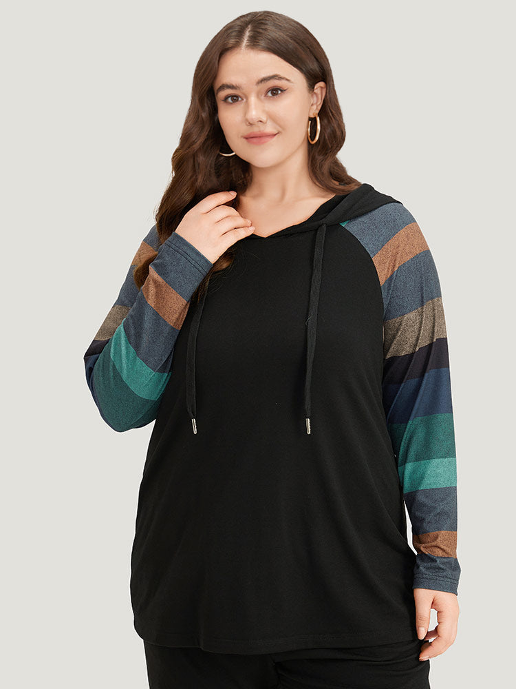 Striped Patchwork Contrast Hooded Raglan Sleeve T-shirt