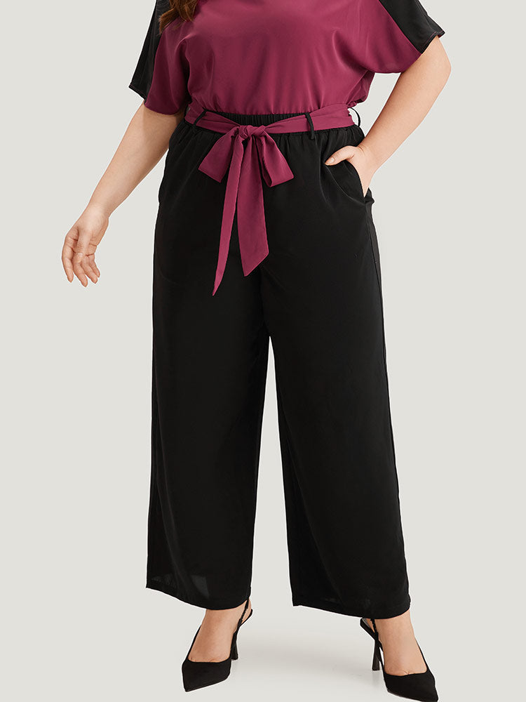 Anti-Wrinkle Two Tone Belted Loose Woven Pants