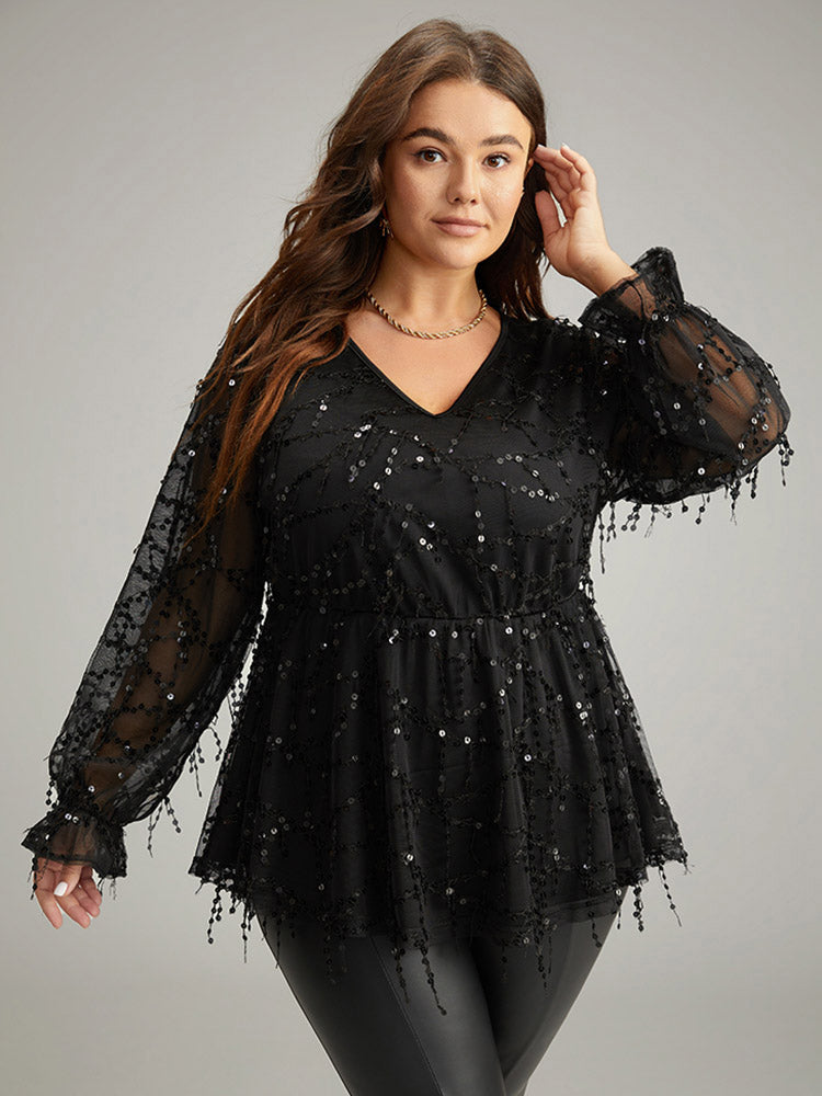 Halloween Sequin Mesh Elastic Waist Patchwork Blouse