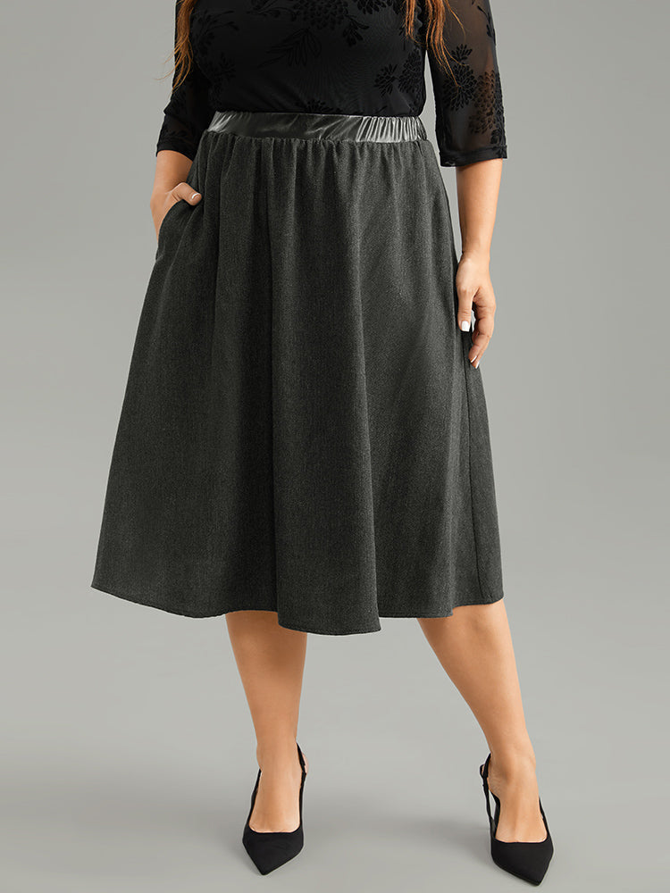 Solid PU Patchwork Pocket Elastic Waist Skirt