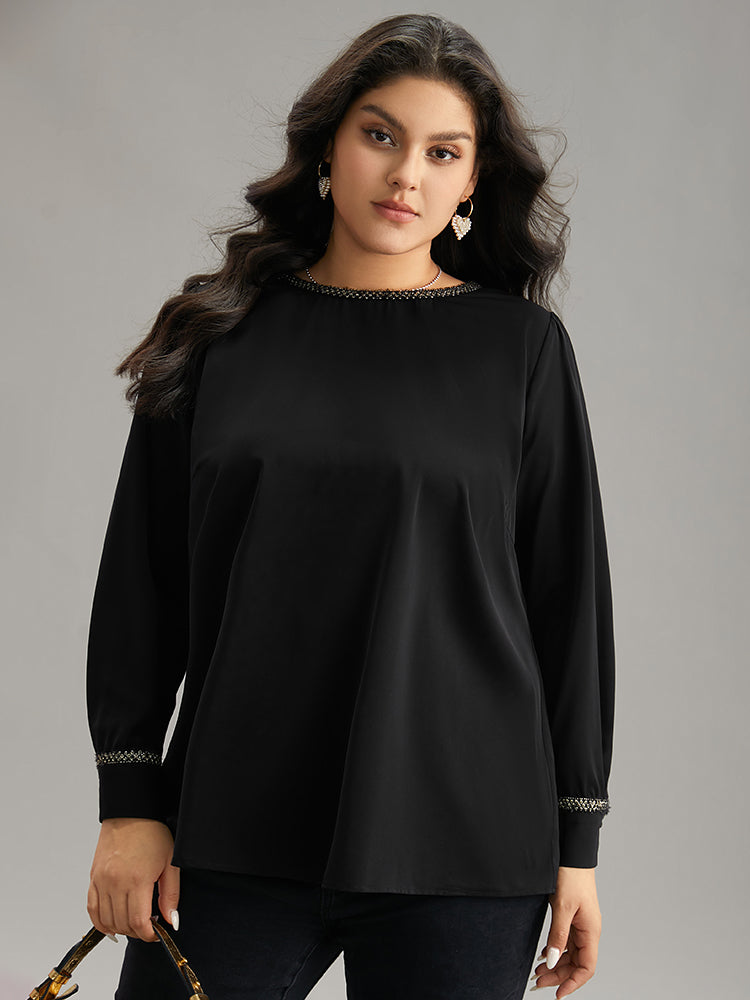 Plain Contrast Webbing Crew Neck Blouse