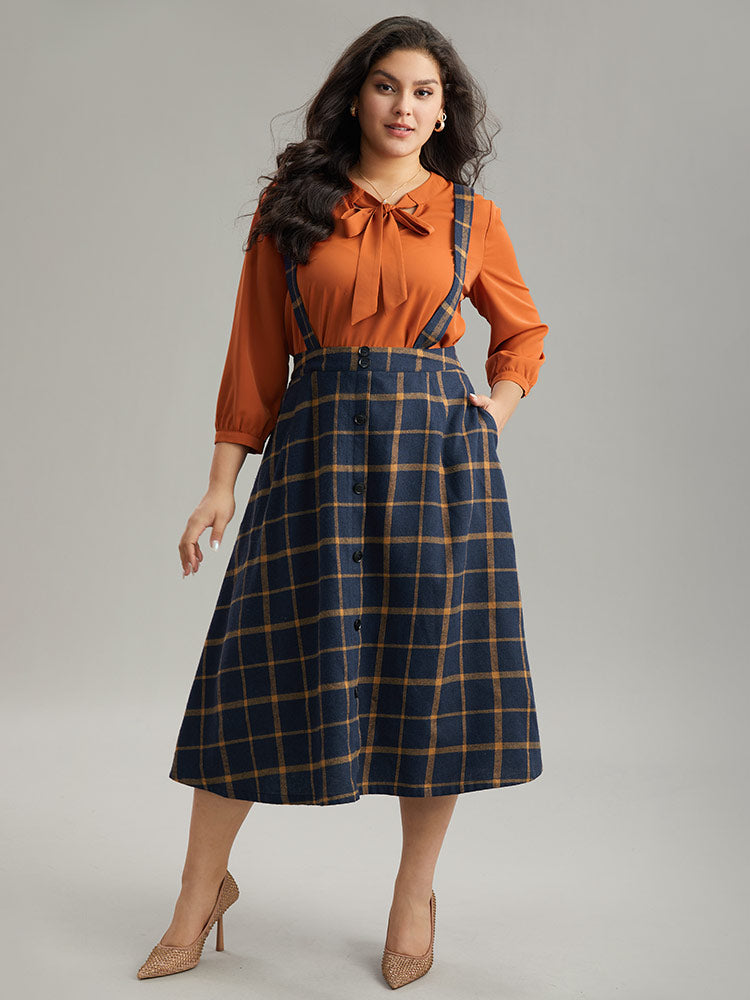 Plaid Button Detail Pocket Suspender Skirt