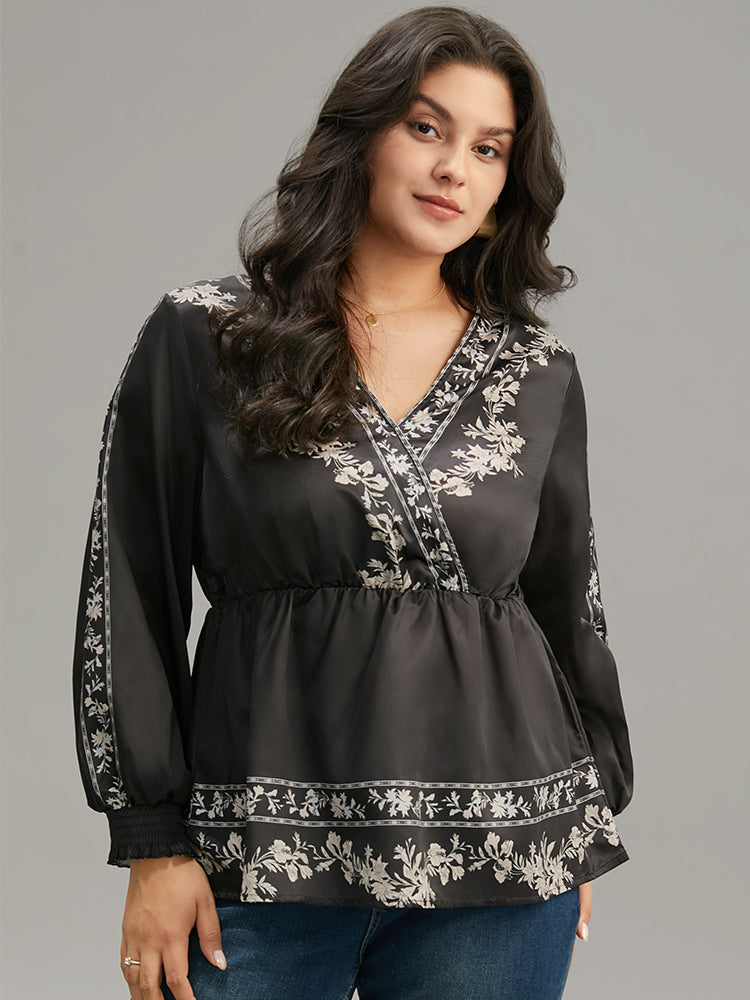 Boho Print Shirred Lantern Sleeve Blouse