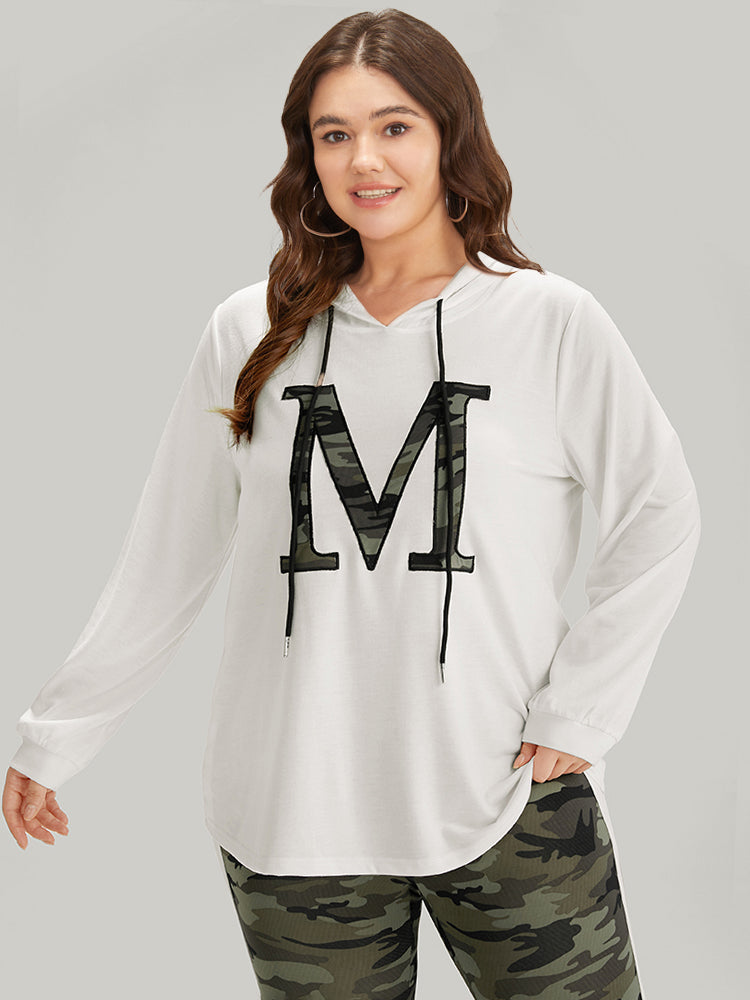 Letter Camo Hooded Drawstring T-shirt