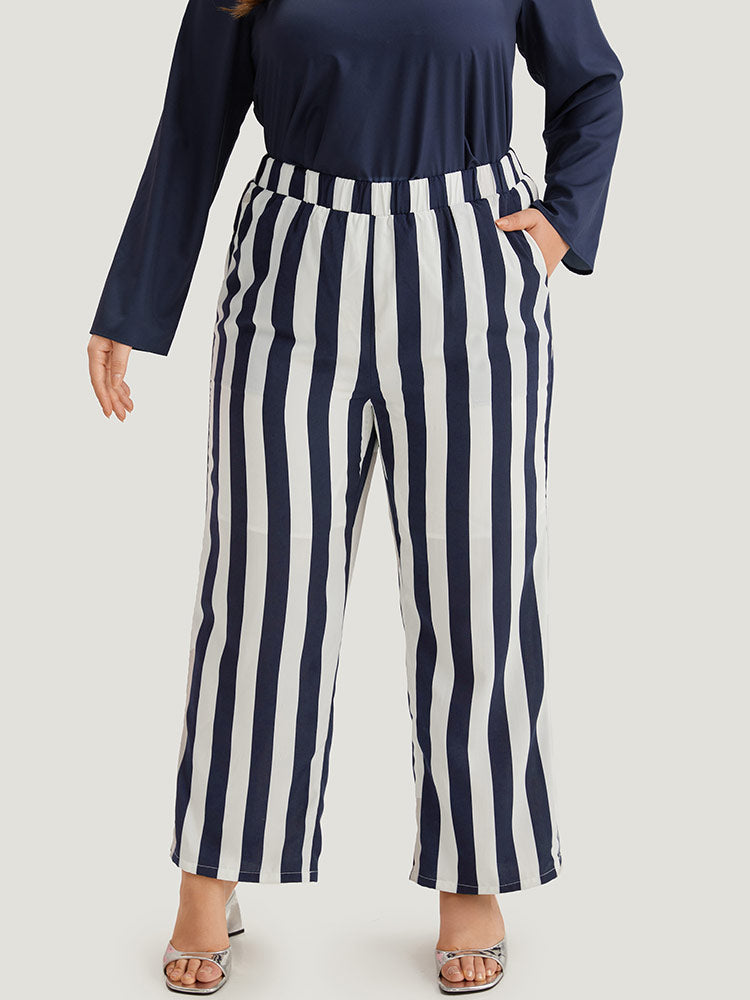 Striped Print Elastic Waist Woven Pants