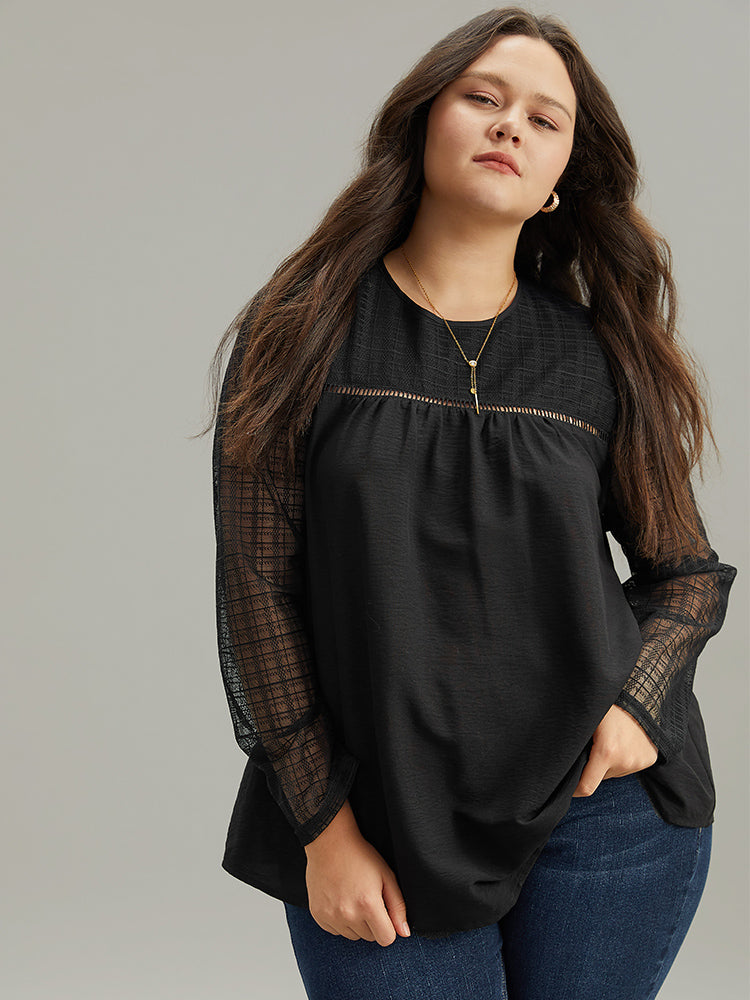 Solid Keyhole Mesh Plicated Detail Blouse