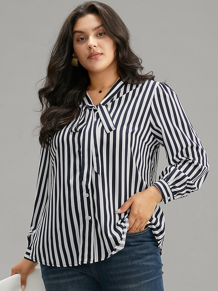 Striped Bowknot V Neck Curved Hem Woven Top