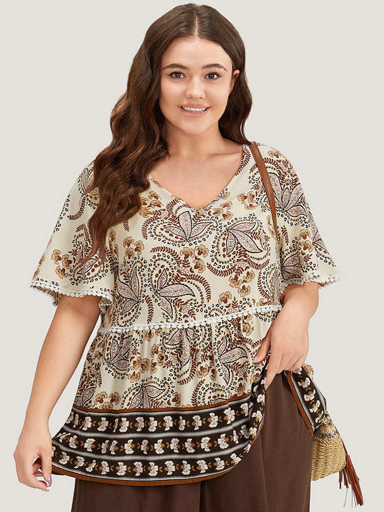 Paisley Print V Neck Pompom Trim Flutter Sleeve Top