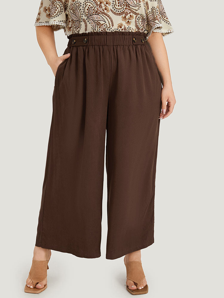 Plain Button Detail Pocket Paperbag Waist Woven Pants