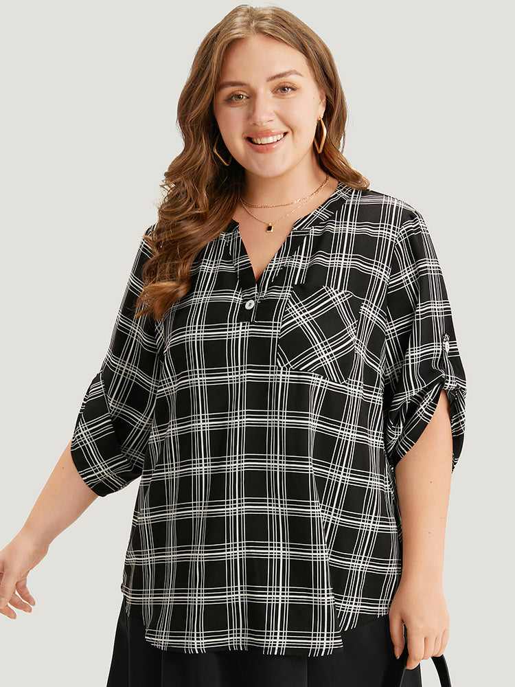 Plaid V Neck Button Up Tab Sleeve Woven Top