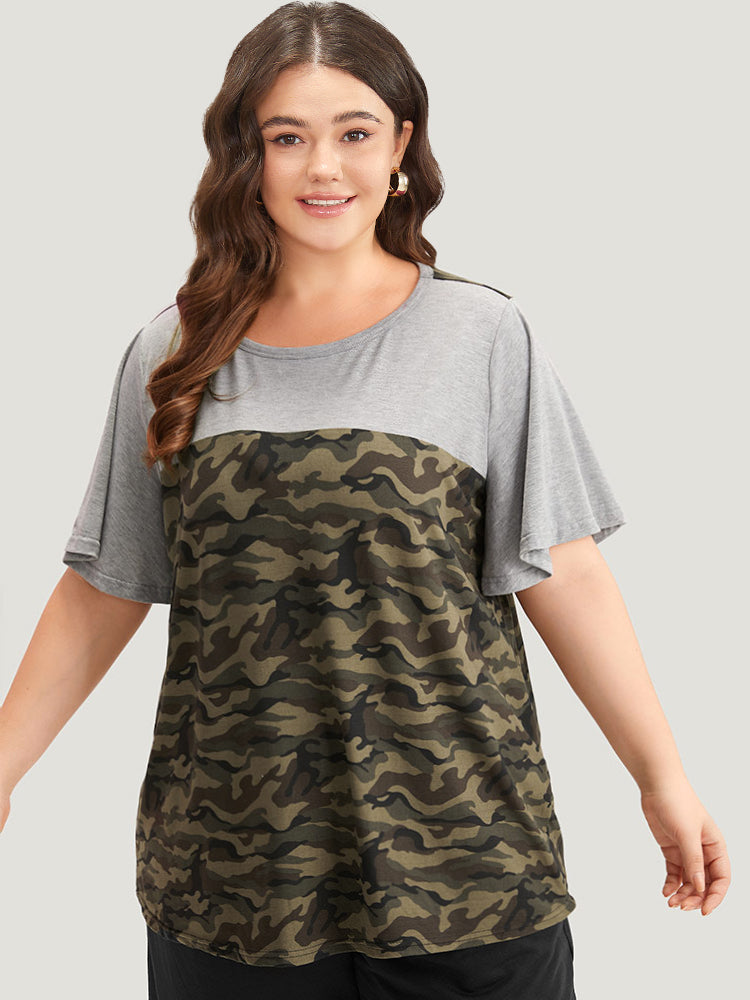 Camo Patchwork Round Neck Ruffle Sleeve T-shirt