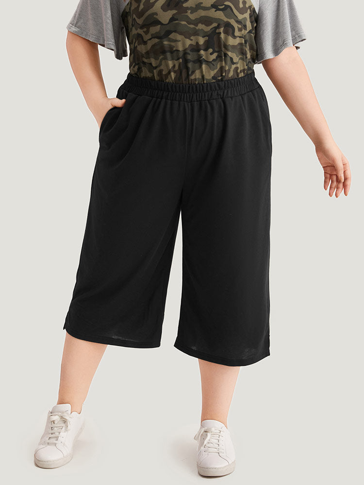 Plain Pocket Elastic Waist Split Hem Cropped Pants