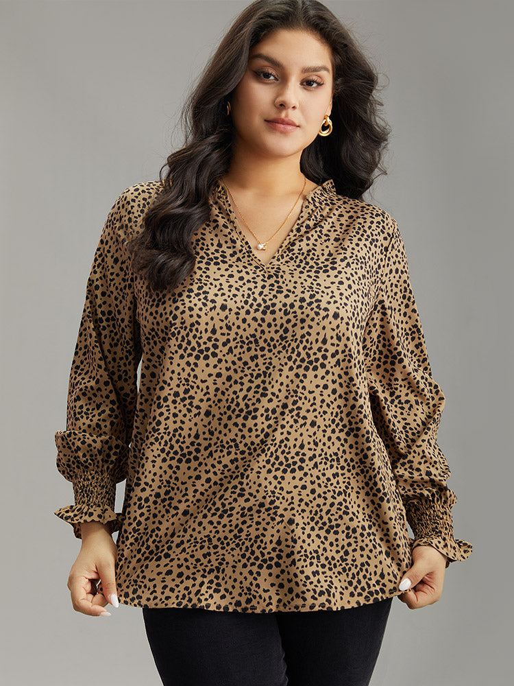 Leopard Shirred Notched Lantern Sleeve Blouse