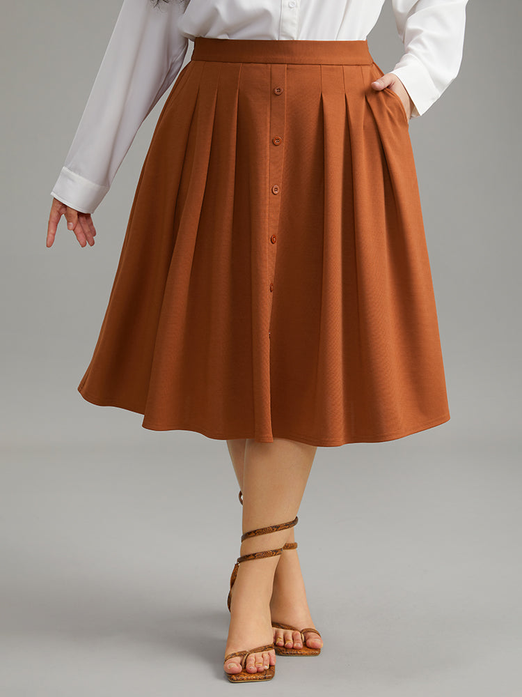 Solid Plicated Detail Pocket Button Detail Skirt