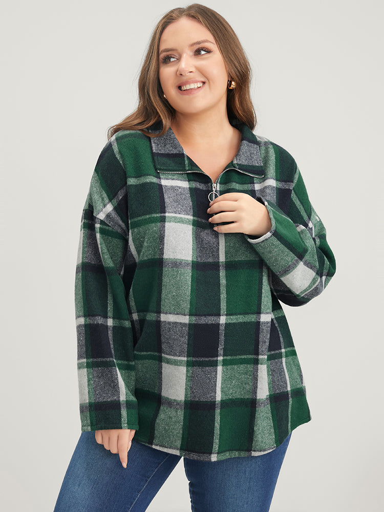 Plaid Drop Shoulder O Ring Zip Sweatshirt