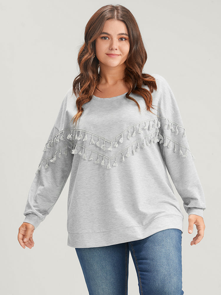 Solid Round Neck Tassels Drop Shoulder Sweatshirt