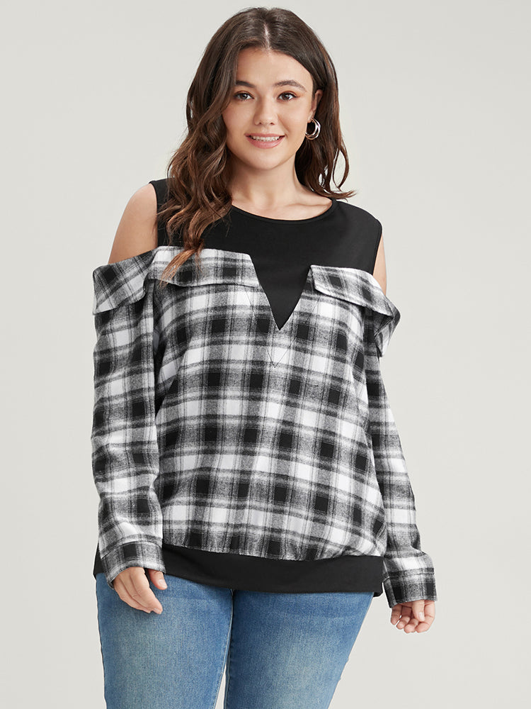 Plaid Patchwork Cold Shoulder Sweatshirt