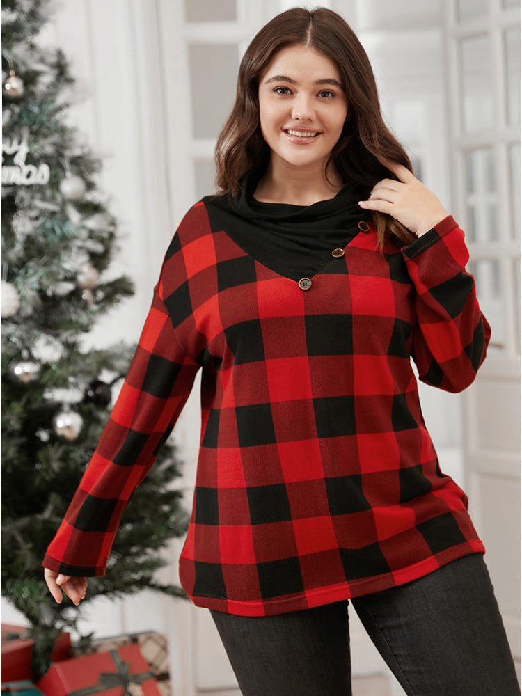 Plaid Patchwork Button Detail Cowl Neck 2-In-1 Sweatshirt