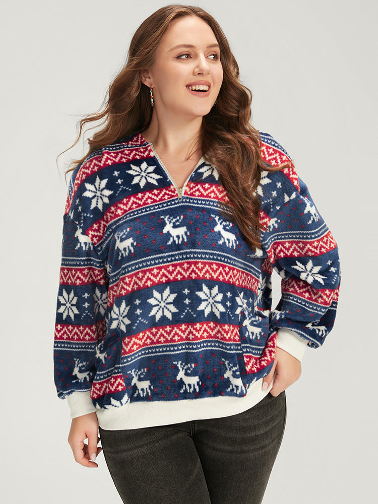 Snowflake & Elk Print Zipper Pocket Sweatshirt