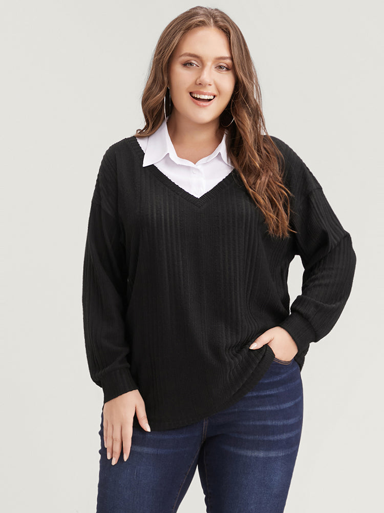 Colorblock Contrast Shirt Collar Rib Knit 2-In-1 Sweatshirt