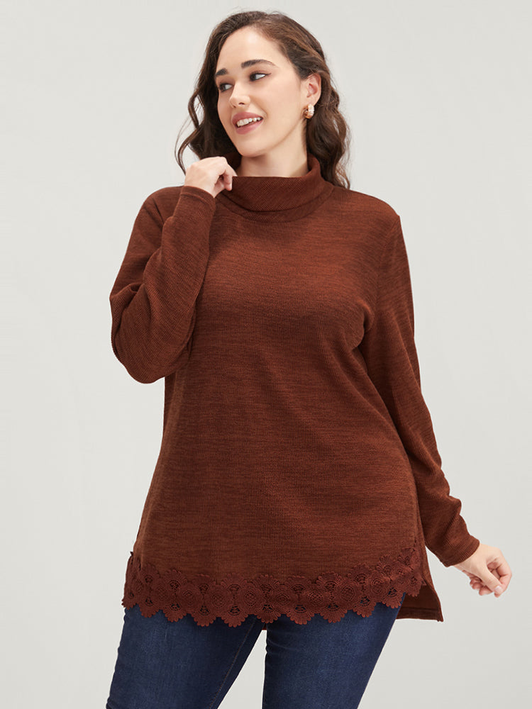 Solid Lace Asymmetrical Hem Funnel Neck Sweatshirt