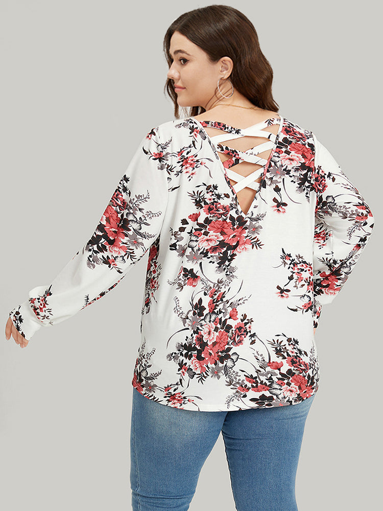 Floral Print Crew Neck Crisscross Sweatshirt