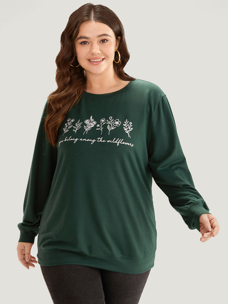 Floral Print Elastic Cuffs Round Neck Sweatshirt