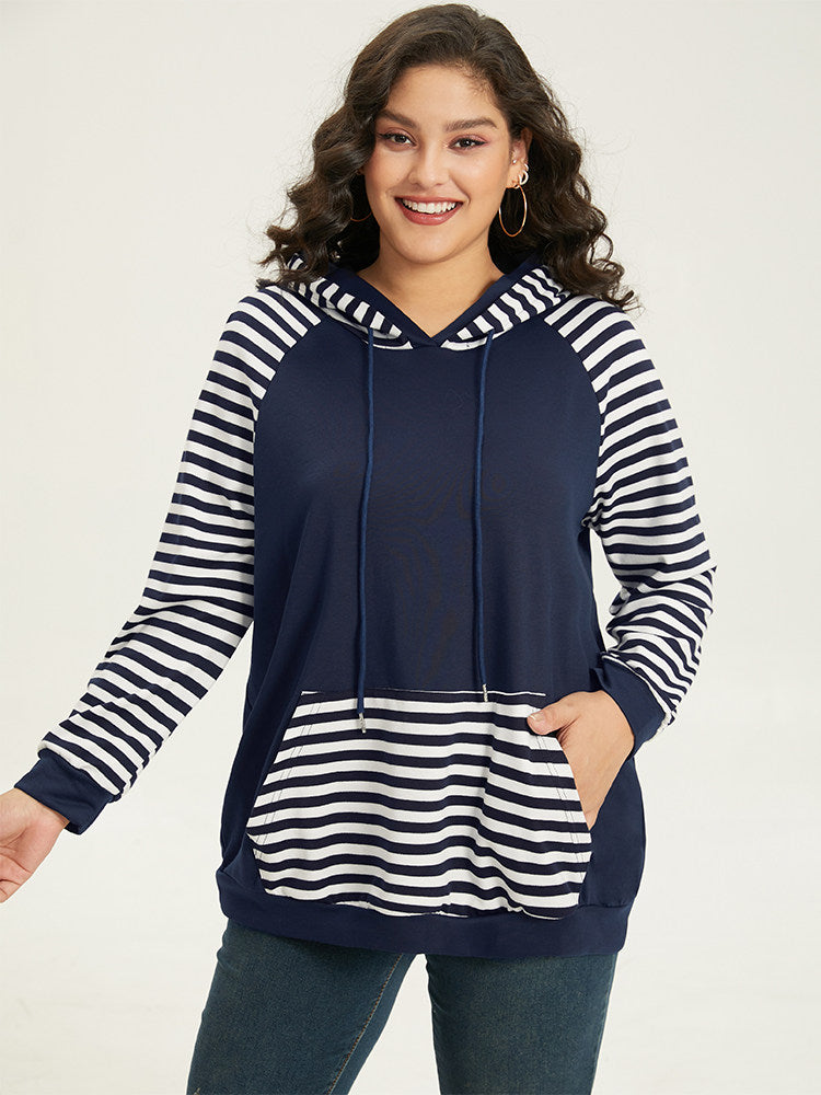 Striped Patchwork Drawstring Hooded Pocket Sweatshirt