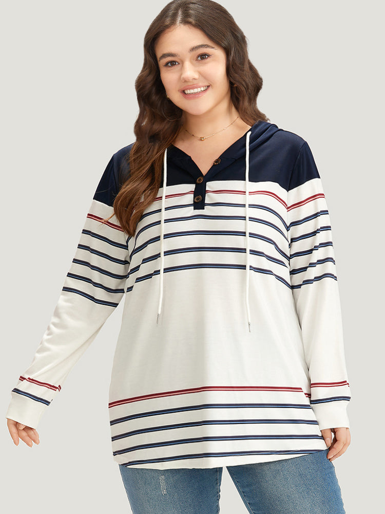 Striped Contrast Patchwork Drawstring Button Up Hooded Sweatshirt