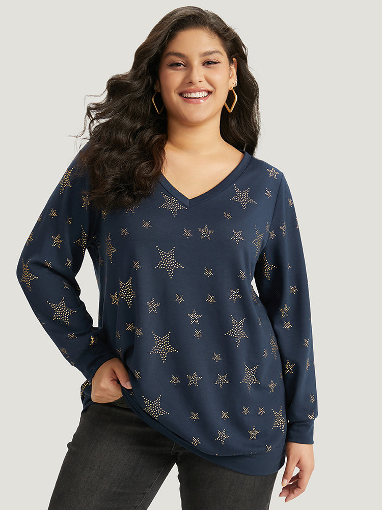 Star Glitter Print V Neck Elastic Cuffs Sweatshirt