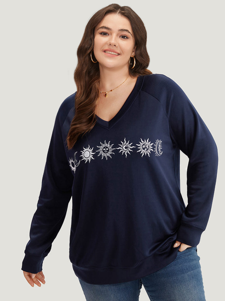 Moon & Star Print V Neck Sweatshirt