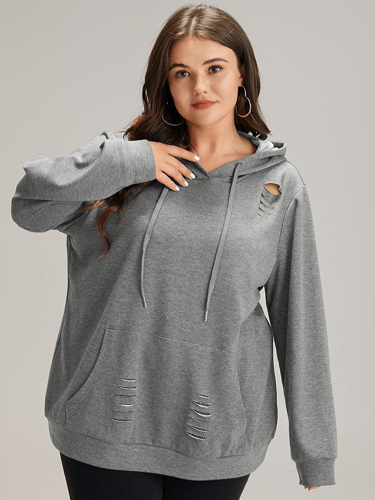 Plain Distressed Hooded Drawstring Sweatshirt