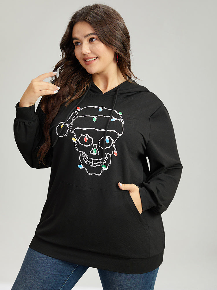 Skull Print Pocket Hooded Drawstring Sweatshirt