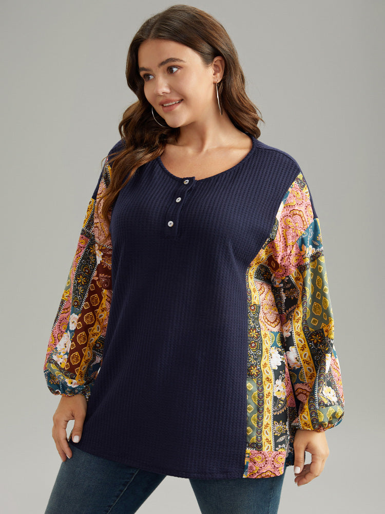 Boho Print Button Up Patchwork Lantern Sleeve Sweatshirt