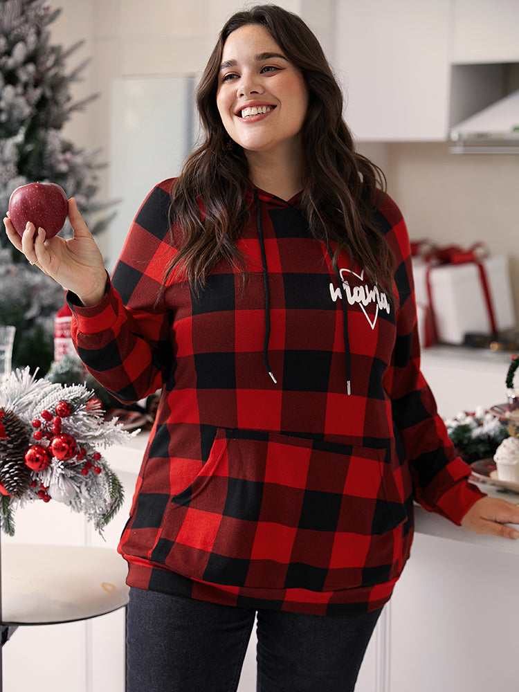 Letter Plaid Hooded Drawstring Pocket Sweatshirt