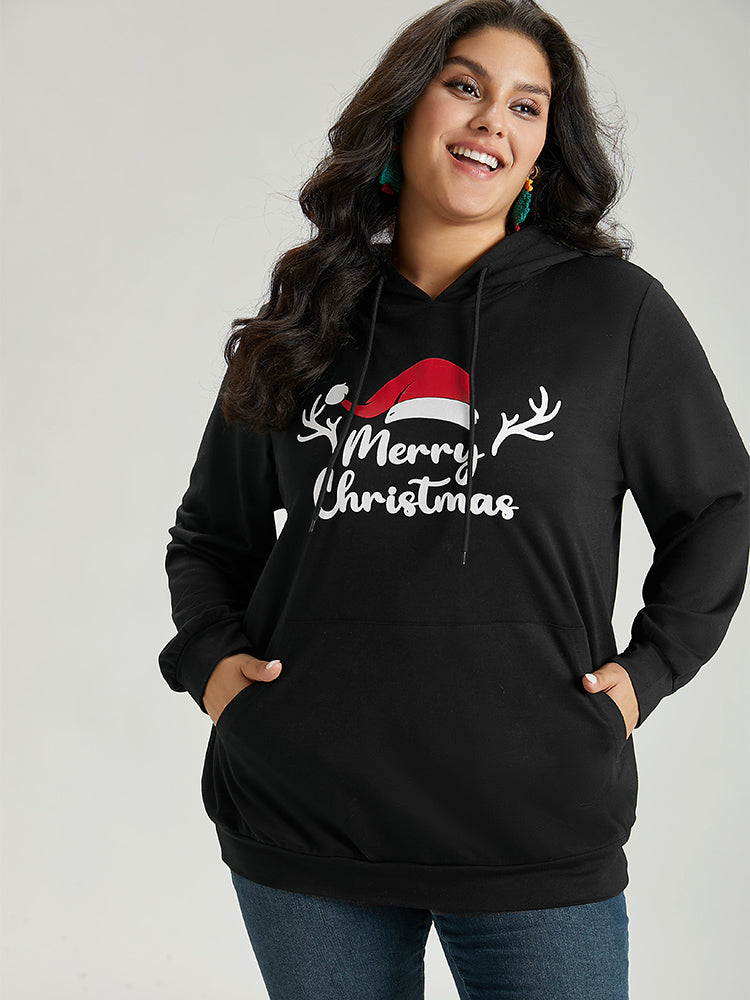 Christmas Letter Hooded Drawstring Pocket Sweatshirt