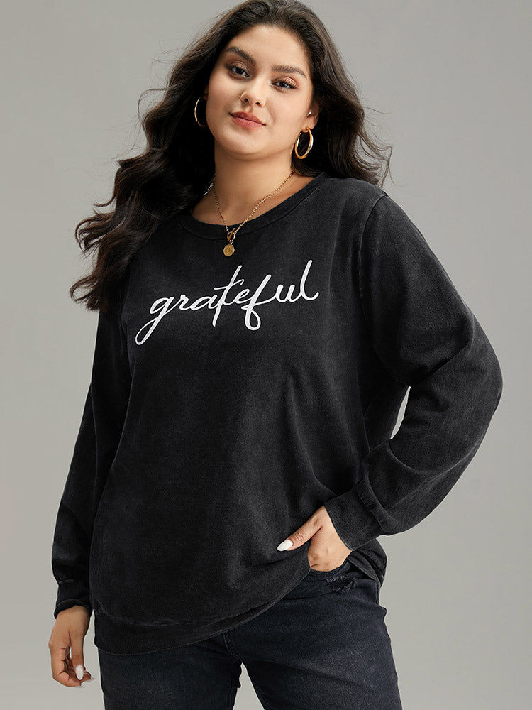 Solid Letter Print Crew Neck Sweatshirt