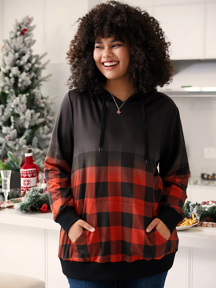 Rib Knit Ombre Plaid Pocket Hooded Sweatshirt