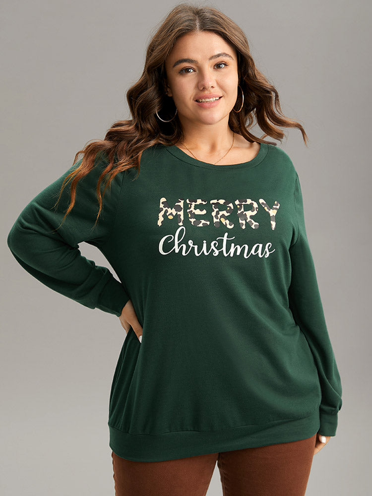 Christmas Letter Leopard Round Neck Sweatshirt