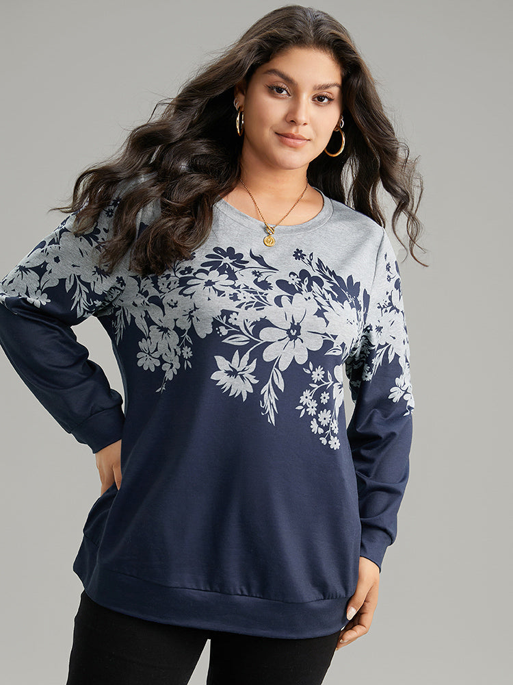 Silhouette Floral Print Contrast Round Neck Sweatshirt