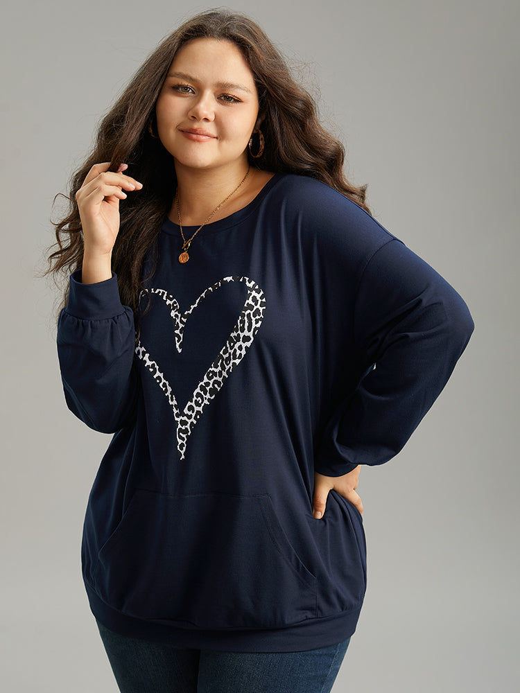 Leopard & Heart Print Crew Neck Sweatshirt