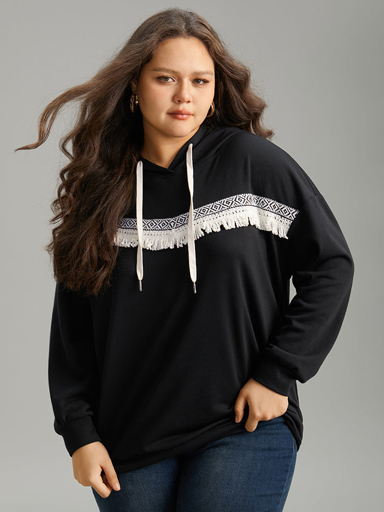 Bandana Tassel Trim Hooded Drawstring Sweatshirt