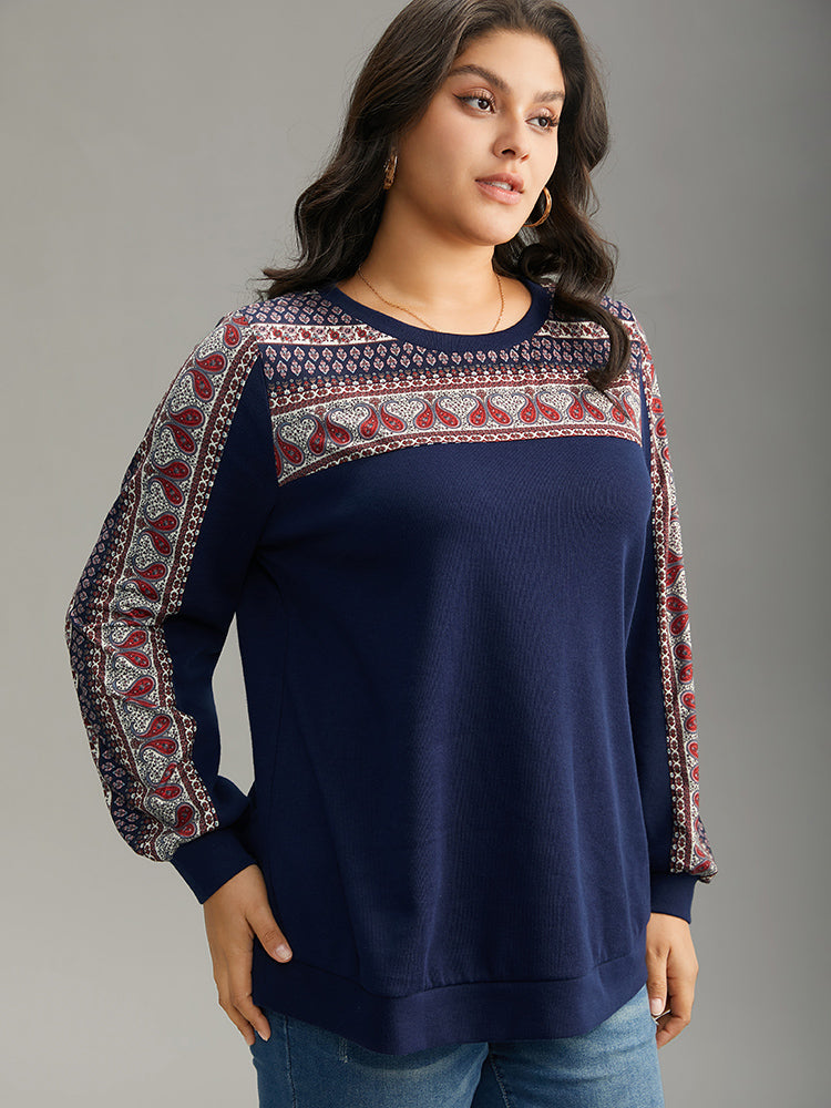 Paisley Contrast Patchwork Rib Knit Sweatshirt