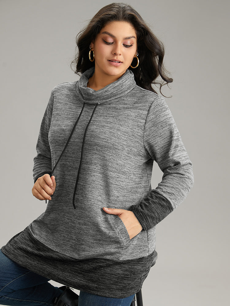 Contrast Turtleneck Pocket Drawstring Sweatshirt