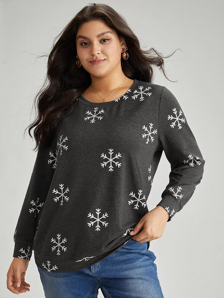 Snowflake Print Round Neck Sweatshirt