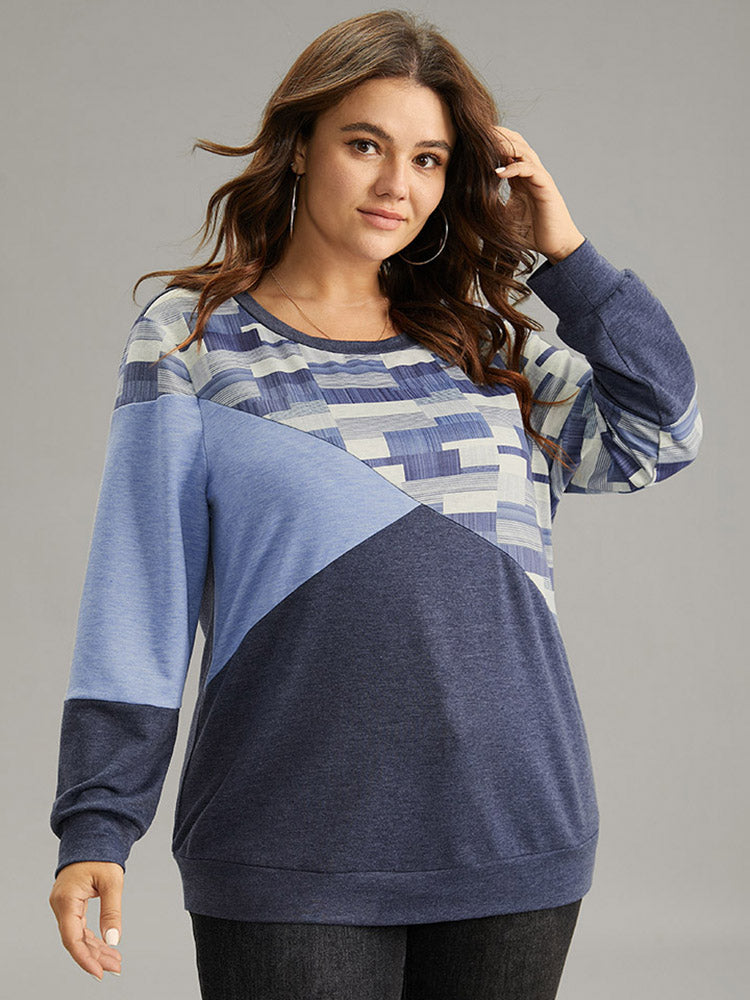 Geometric Colorblock Contrast Crew Neck Sweatshirt