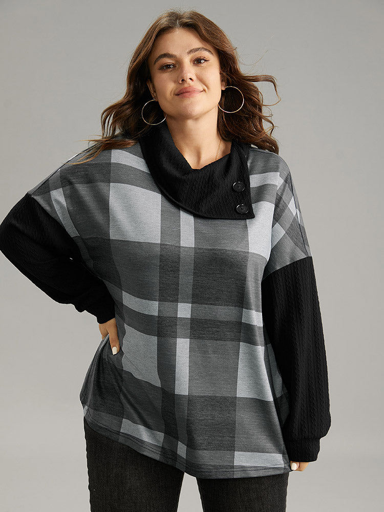 Plaid Patchwork Mock Neck Button Detail Sweatshirt