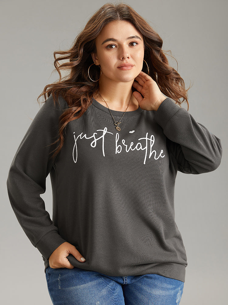 Slogan Print Round Neck Knit Sweatshirt