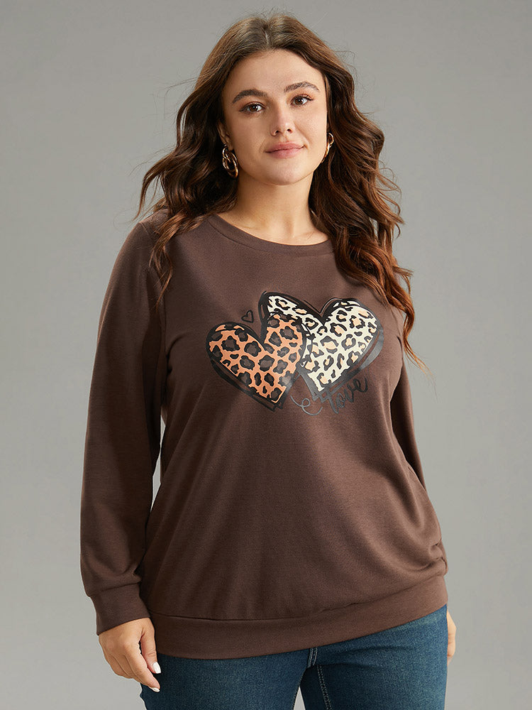 Heart Leopard Round Neck Sweatshirt