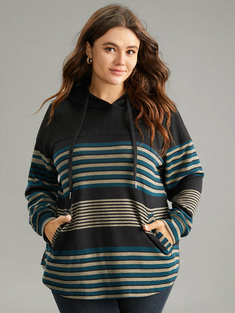 Striped Contrast Curved Hem Hooded Sweatshirt